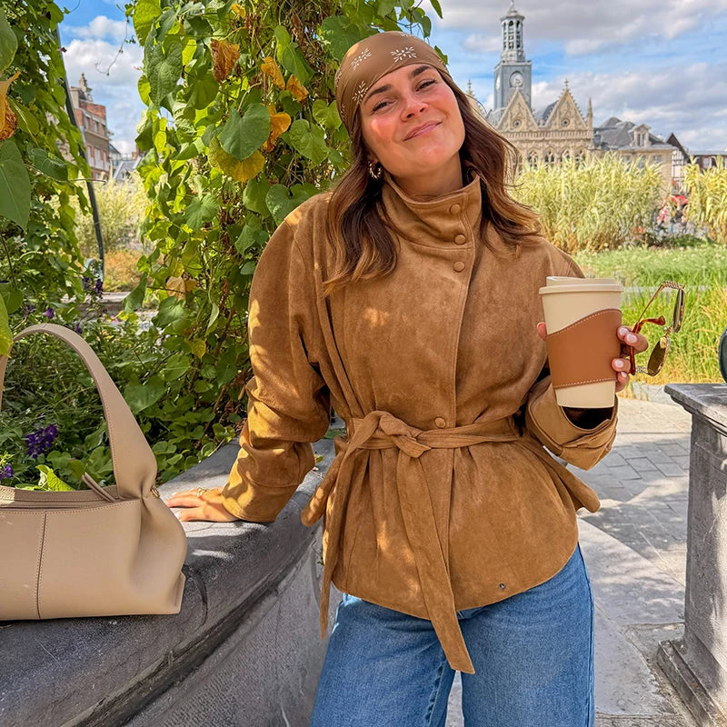 Faux Suede Belted V-Neck Short Jacket