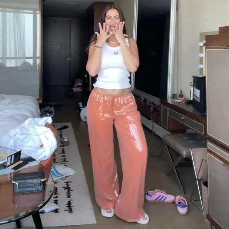Sequin High-Waist Wide-Leg Pants