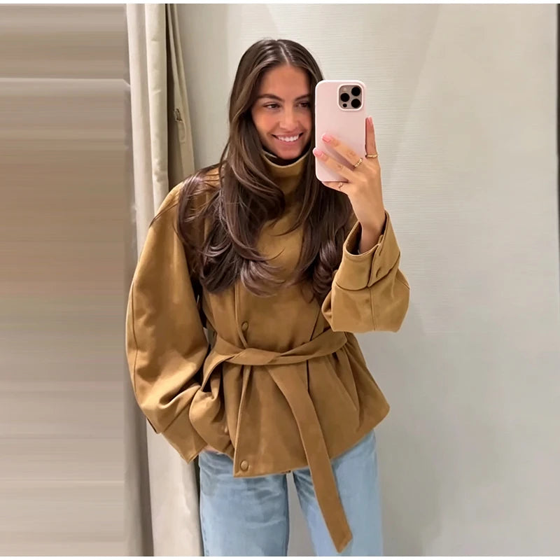 Faux Suede Belted V-Neck Short Jacket