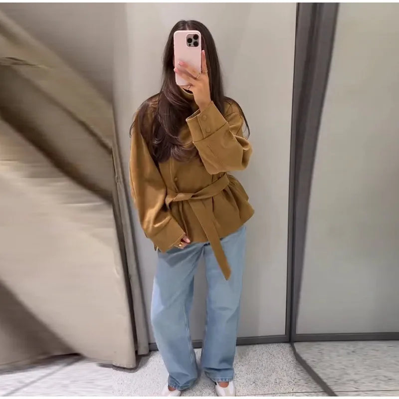 Faux Suede Belted V-Neck Short Jacket