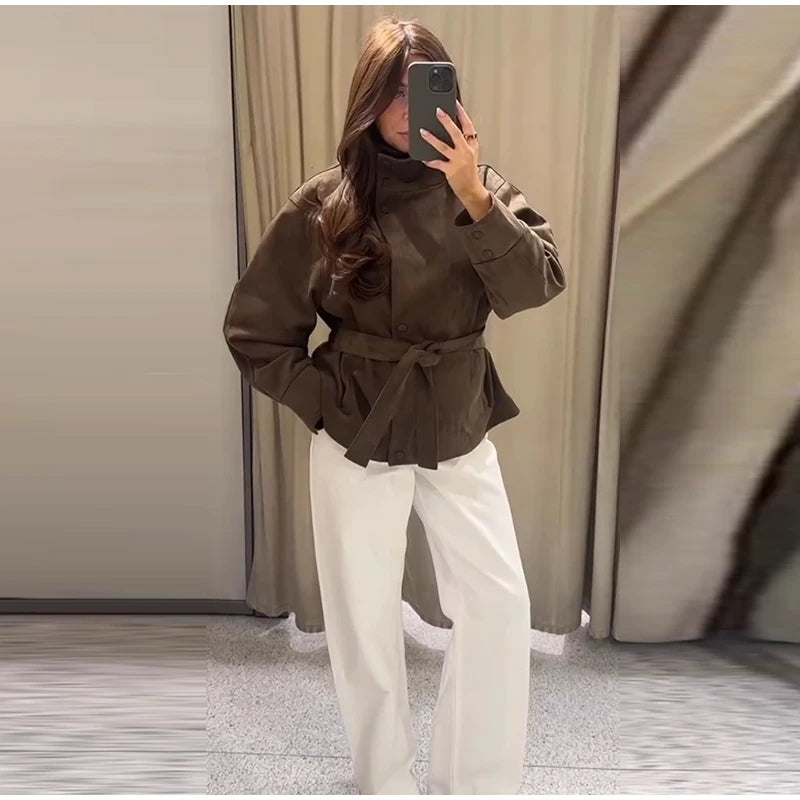 Faux Suede Belted V-Neck Short Jacket