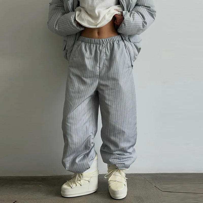 Striped Padded Coat & Straight-Leg Pants Set