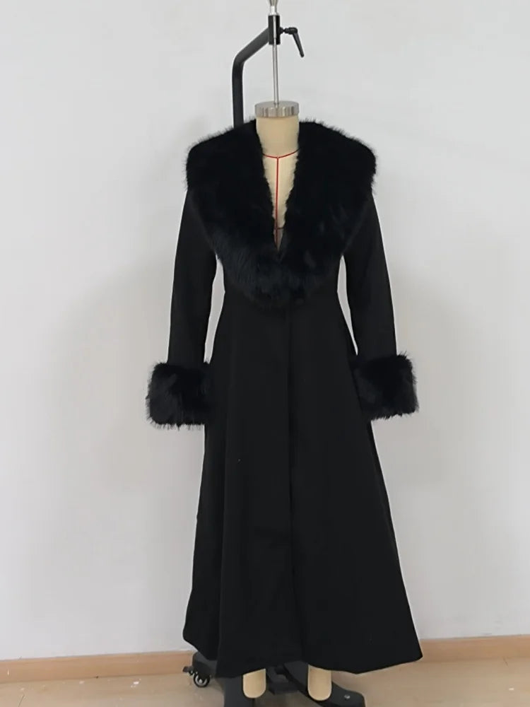 Fur-Collar Wool-Blend Long Coat
