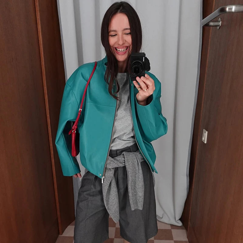 PU Leather Stand-Collar Zip Jacket