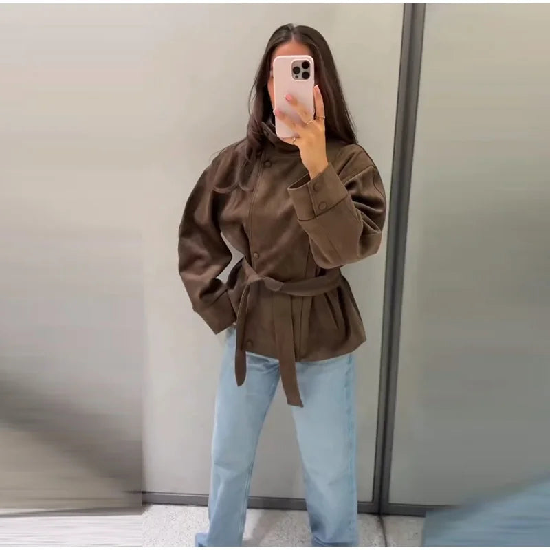 Faux Suede Belted V-Neck Short Jacket