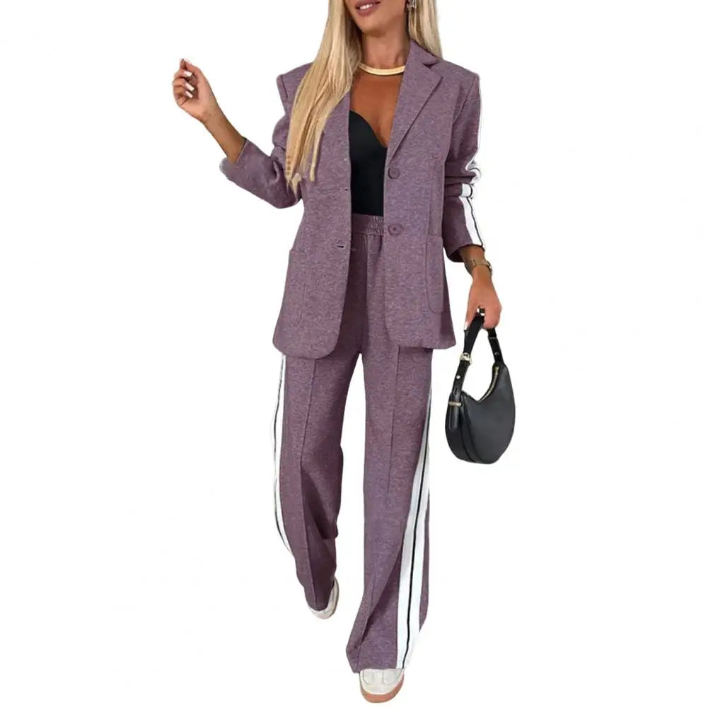 Striped V-Neck Coat & Wide-Leg Pants Set