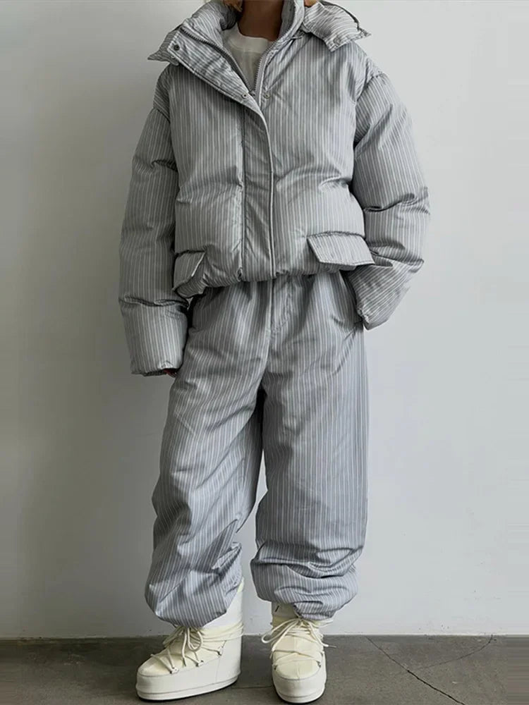 Striped Padded Coat & Straight-Leg Pants Set