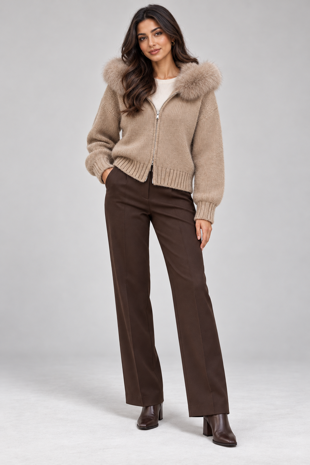 Hooded Fur-Trim Knit Jacket