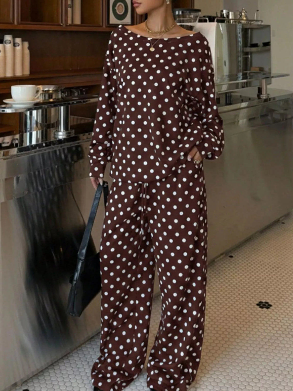 Odette Polka Dot Two-Piece Lounge Set in Brown – women's oversized polka dot top and pants set