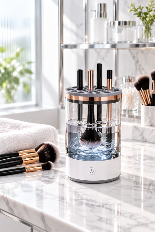 Blushenne Automatic Makeup Brush Cleaner with a unique lifestyle background