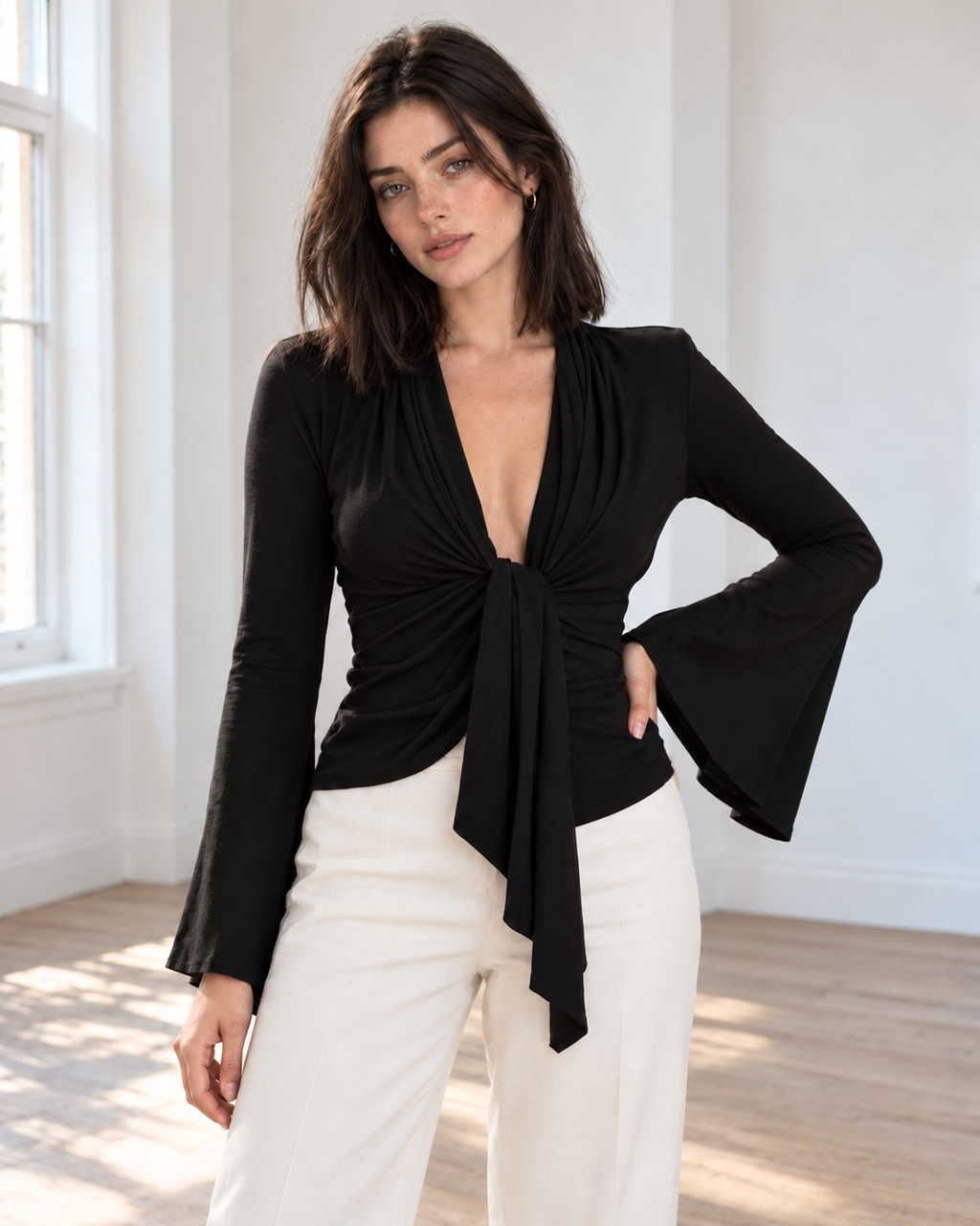 Blushenne Sculpt Tie-Front Flare-Sleeve Top — original hero model and room, pose 2