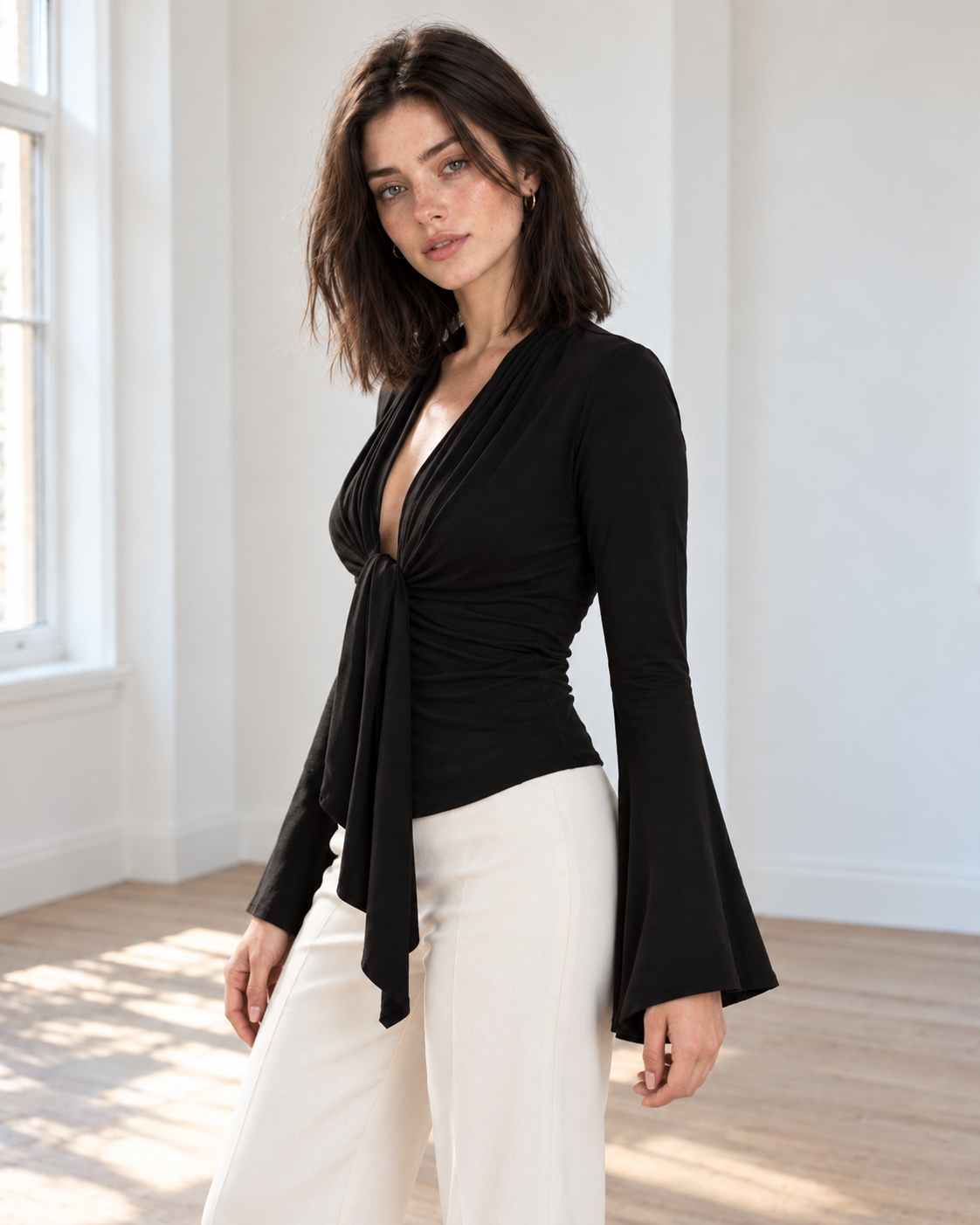 Blushenne Sculpt Tie-Front Flare-Sleeve Top — original hero model and room, pose 3