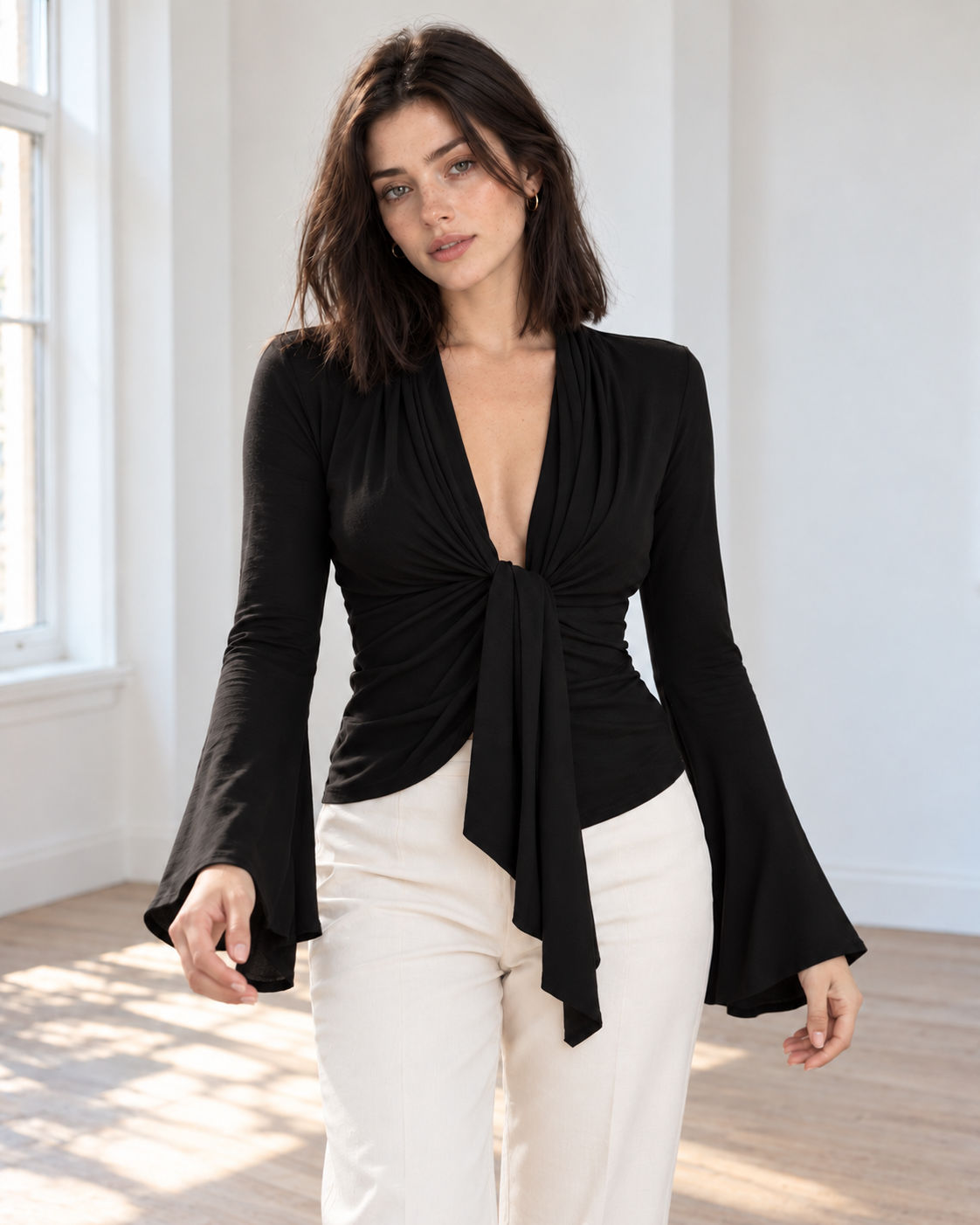 Blushenne Sculpt Tie-Front Flare-Sleeve Top — original hero model and room, pose 4
