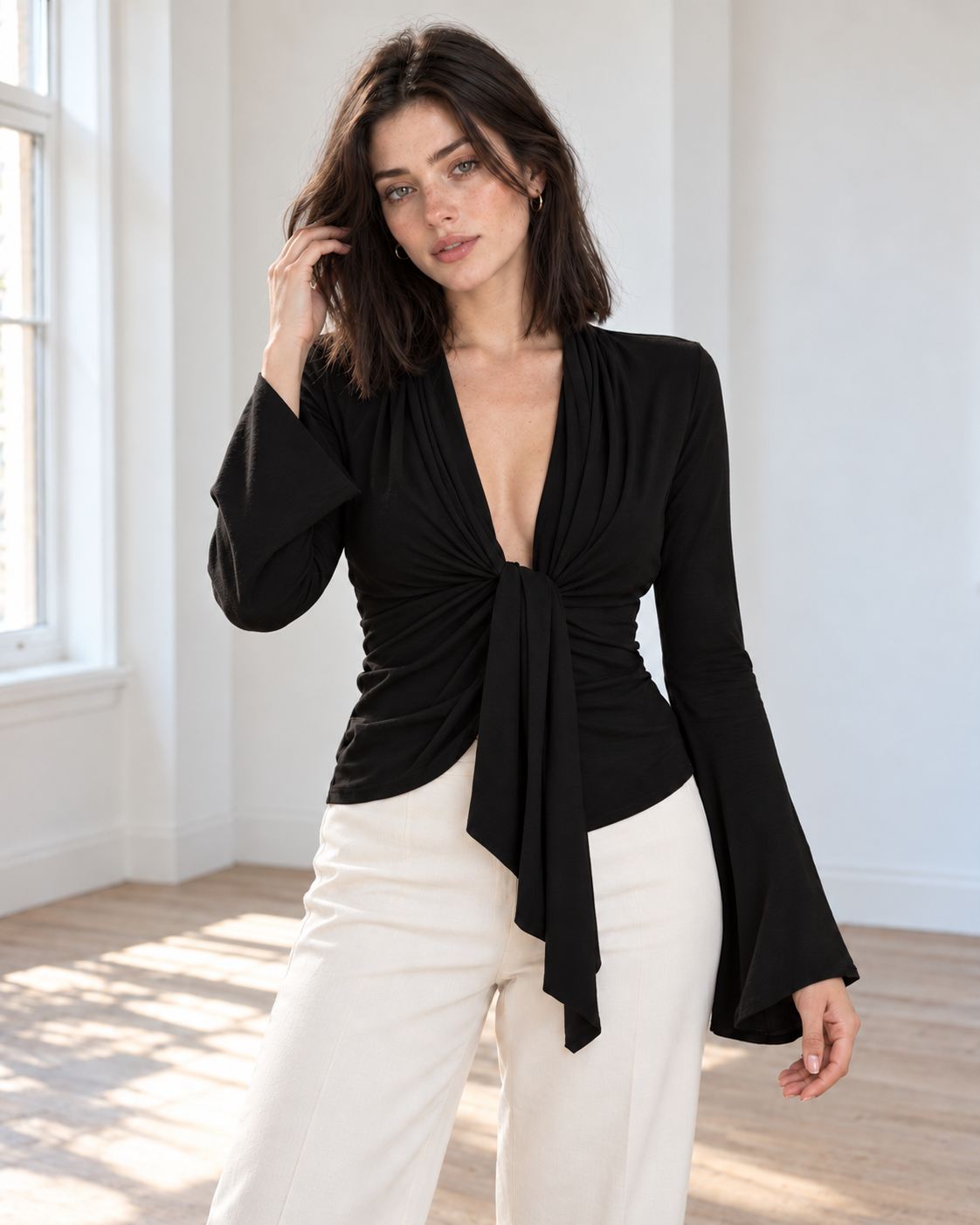 Blushenne Sculpt Tie-Front Flare-Sleeve Top — original hero model and room, pose 5