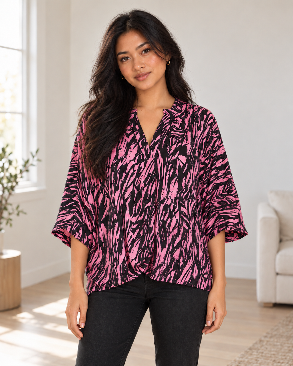 Blushenne Printed Notch-Neck Blouse — Pink, pose 1