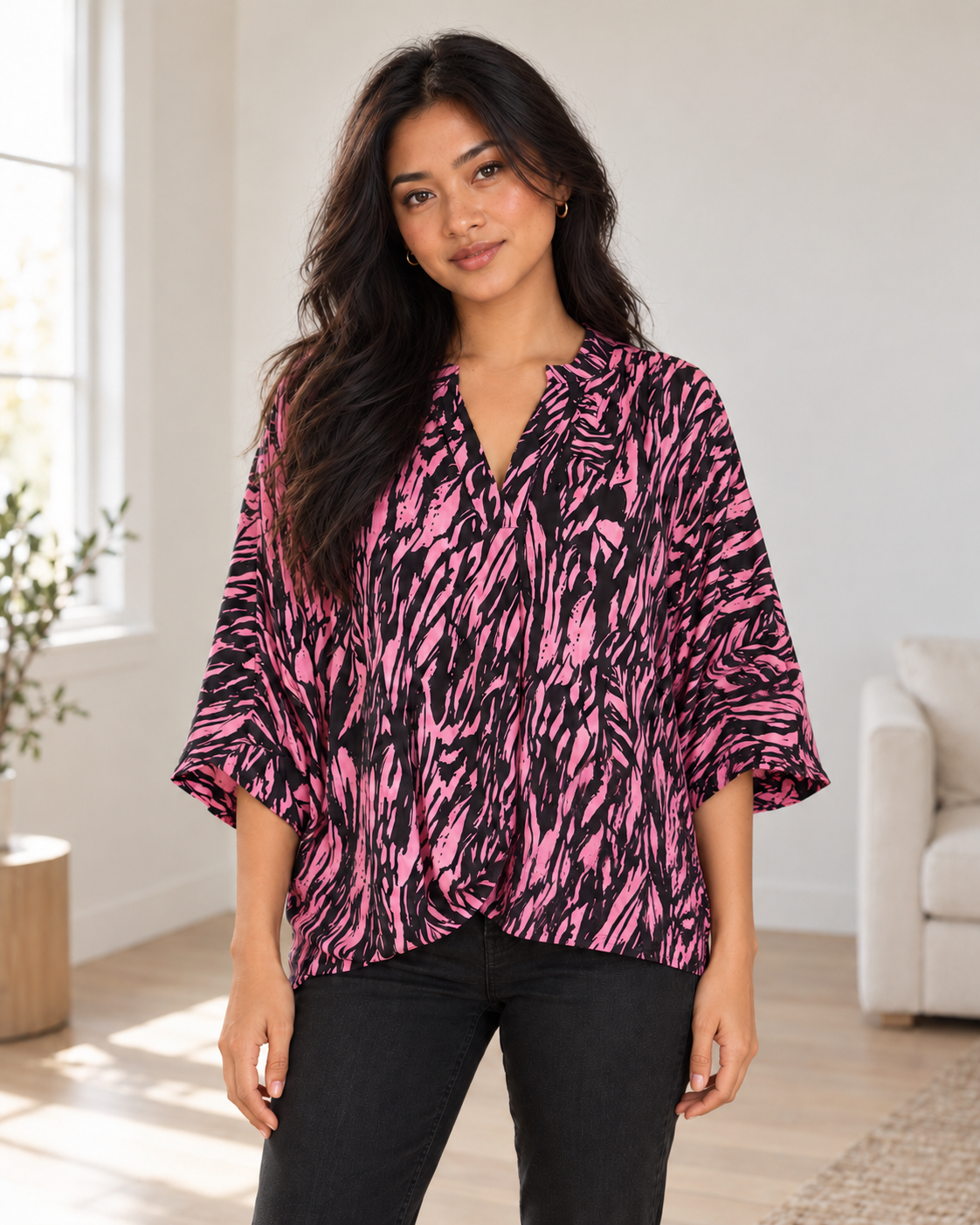 Blushenne Printed Notch-Neck Blouse — Pink, pose 1