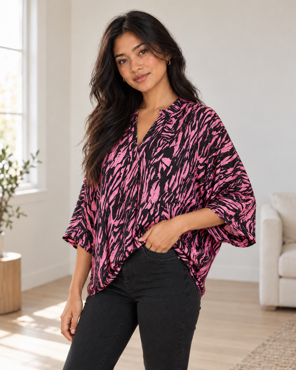 Blushenne Printed Notch-Neck Blouse — Pink, pose 2