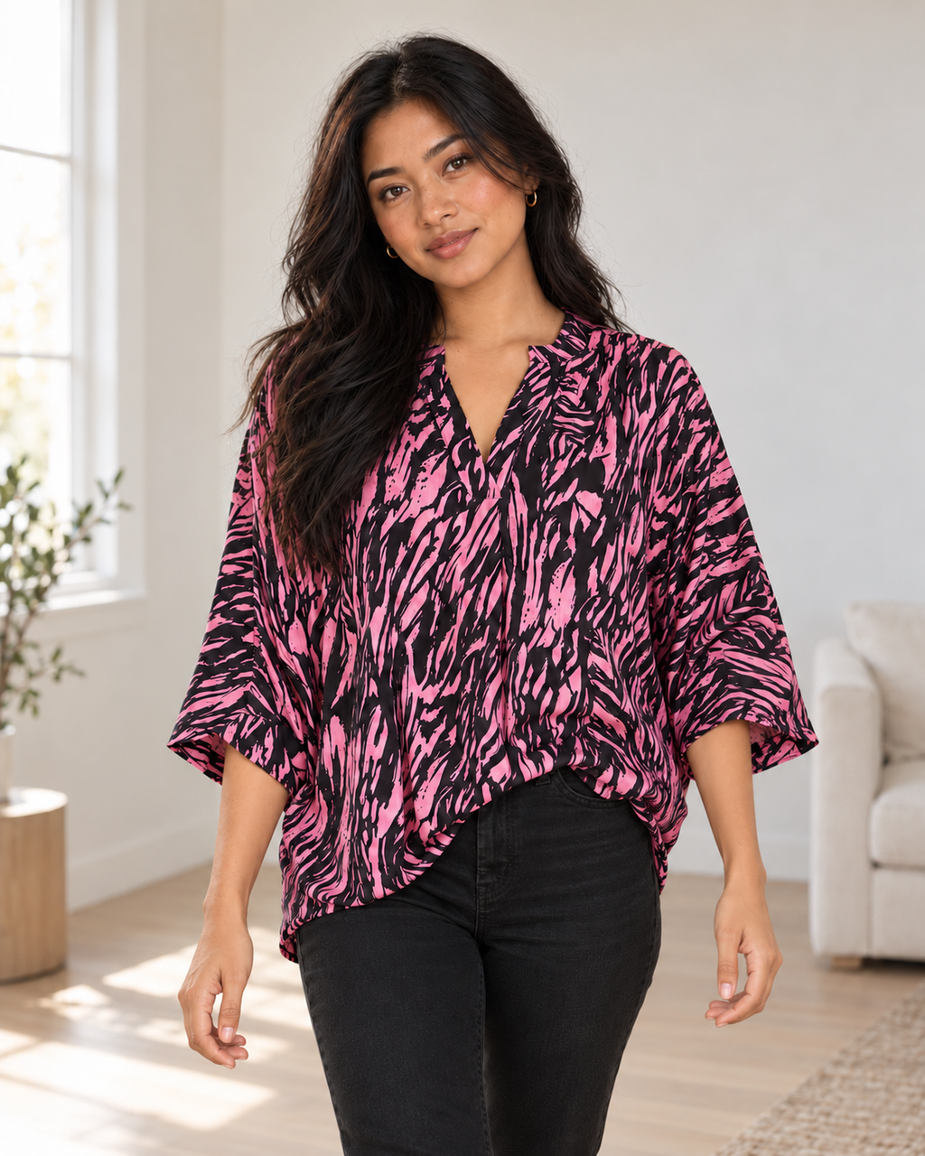 Blushenne Printed Notch-Neck Blouse — Pink, pose 4