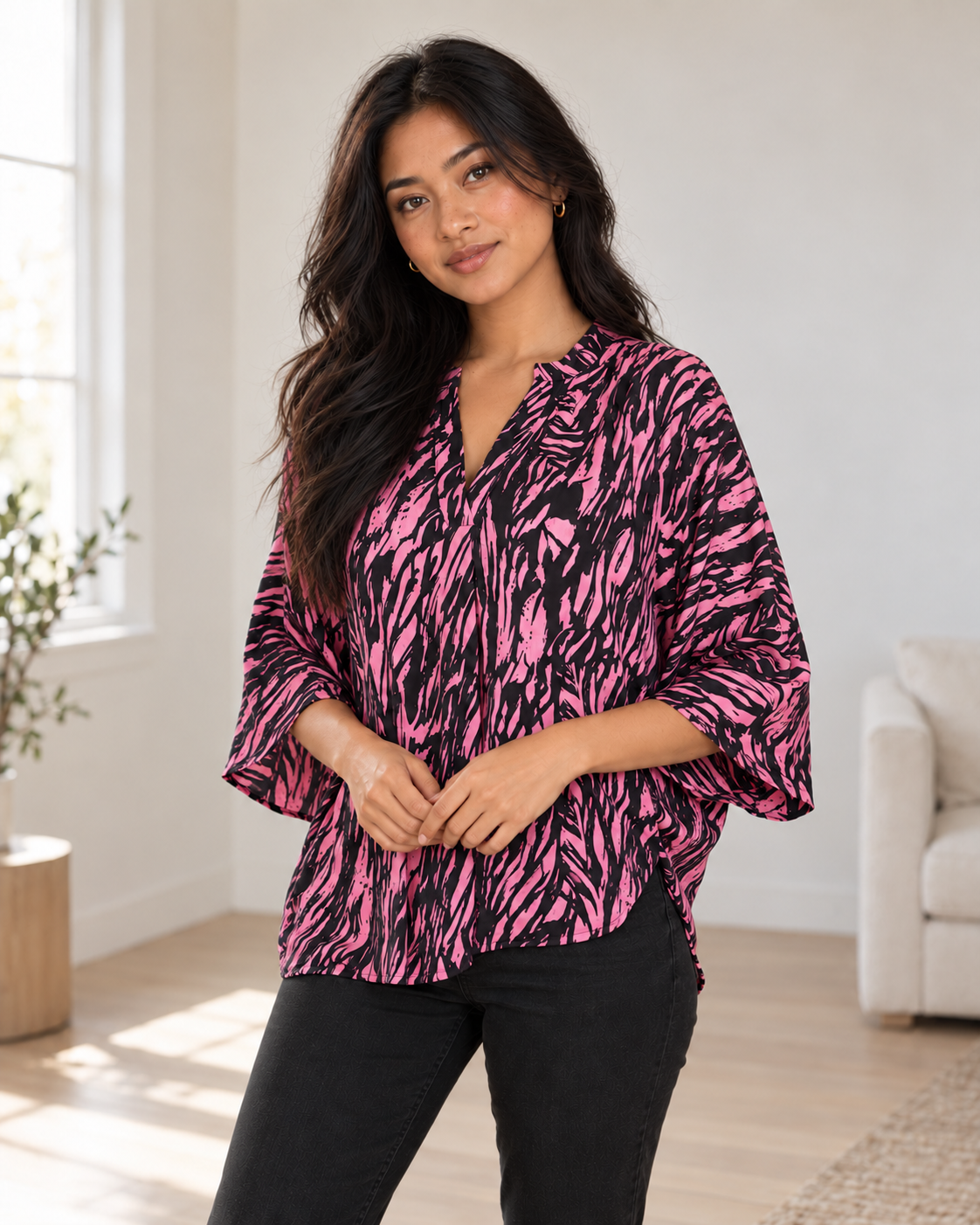 Blushenne Printed Notch-Neck Blouse — Pink, pose 5