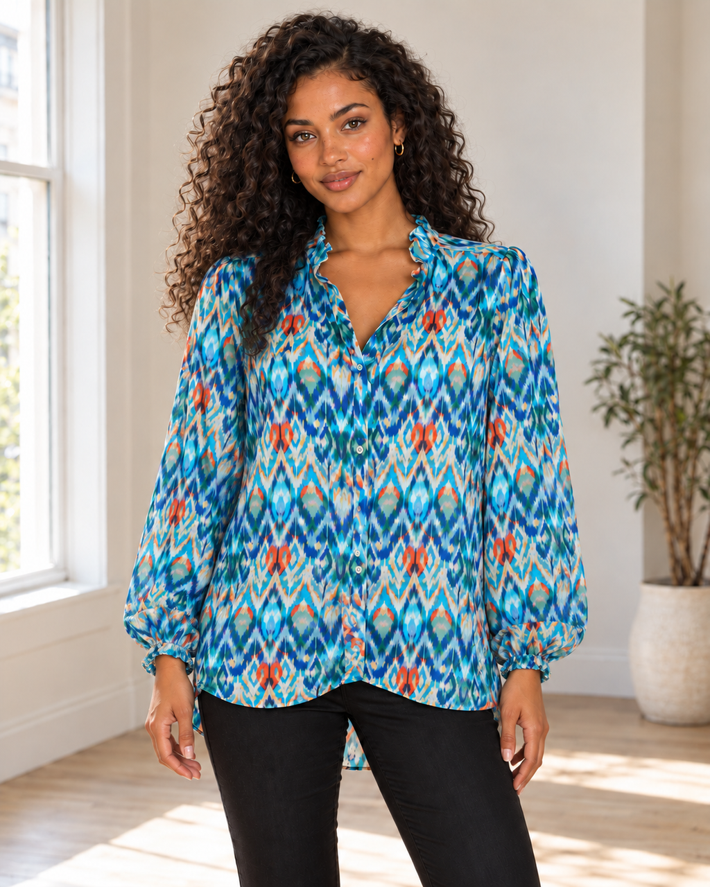 Blushenne Frill Balloon-Sleeve Blouse — Sky Blue, pose 1