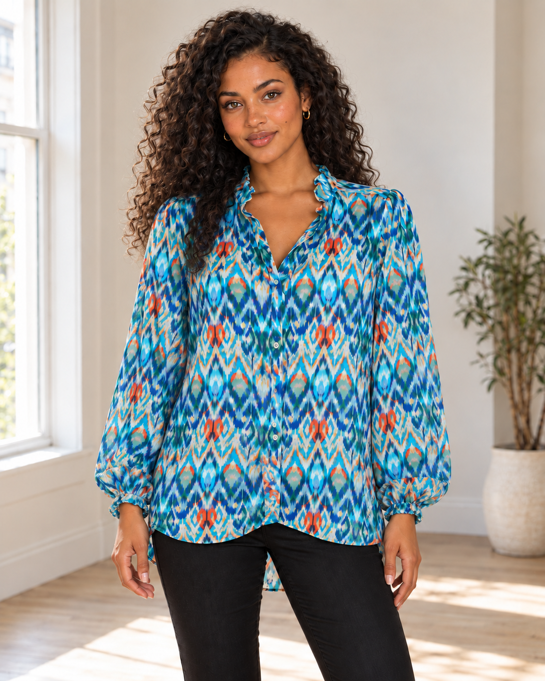 Blushenne Frill Balloon-Sleeve Blouse — Sky Blue, pose 1