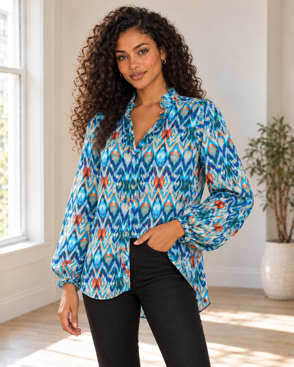 Blushenne Frill Balloon-Sleeve Blouse — Sky Blue, pose 2