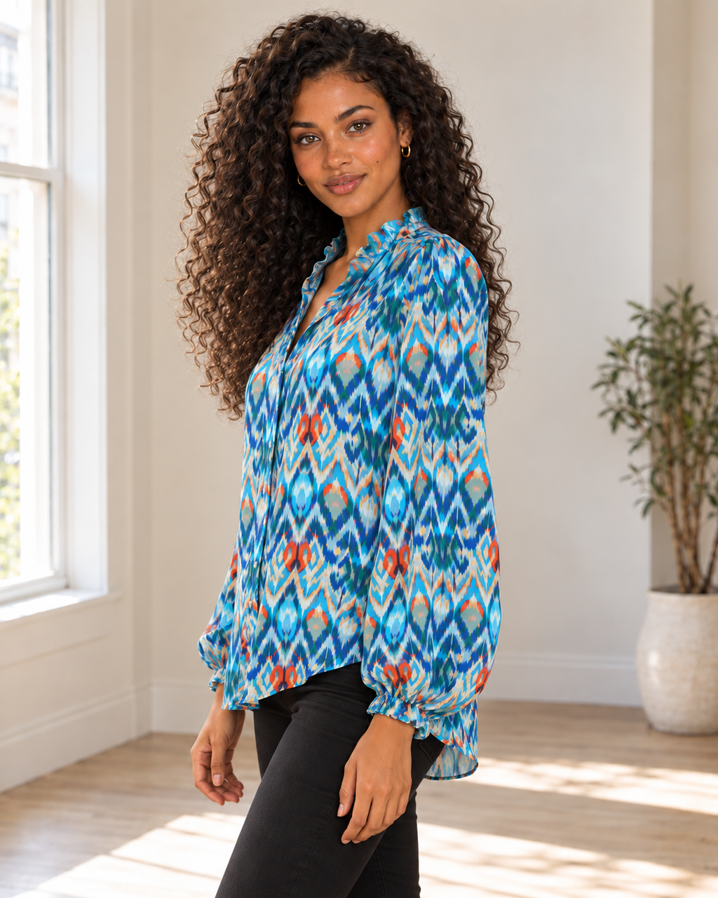 Blushenne Frill Balloon-Sleeve Blouse — Sky Blue, pose 3