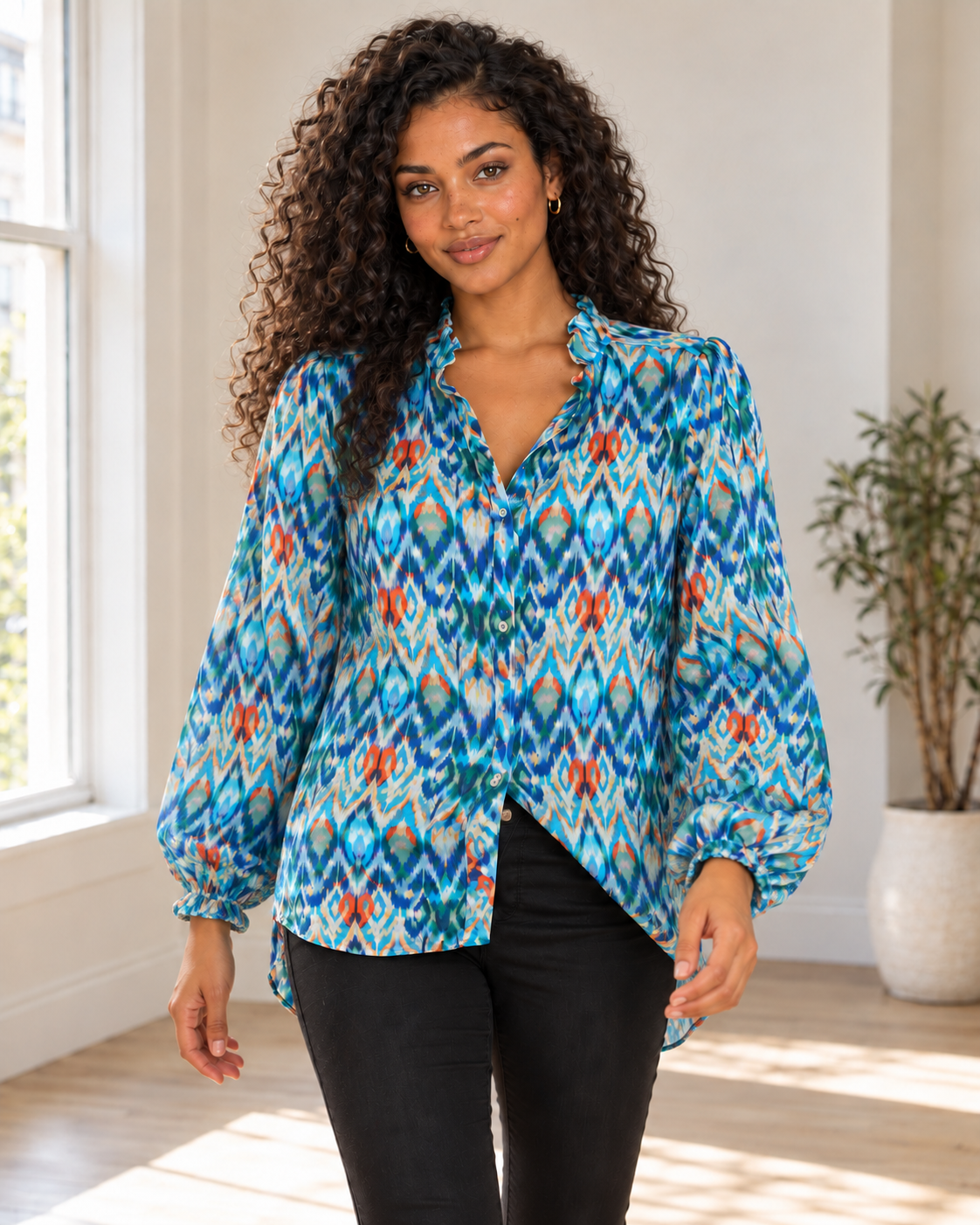 Blushenne Frill Balloon-Sleeve Blouse — Sky Blue, pose 4