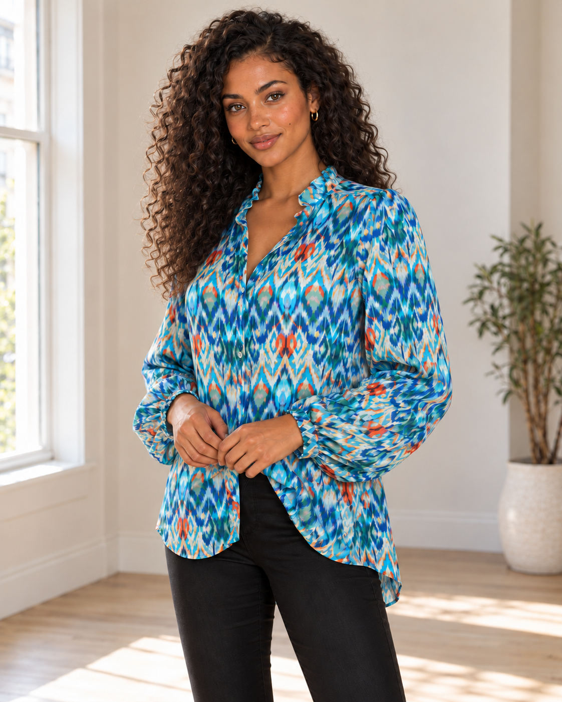 Blushenne Frill Balloon-Sleeve Blouse — Sky Blue, pose 5