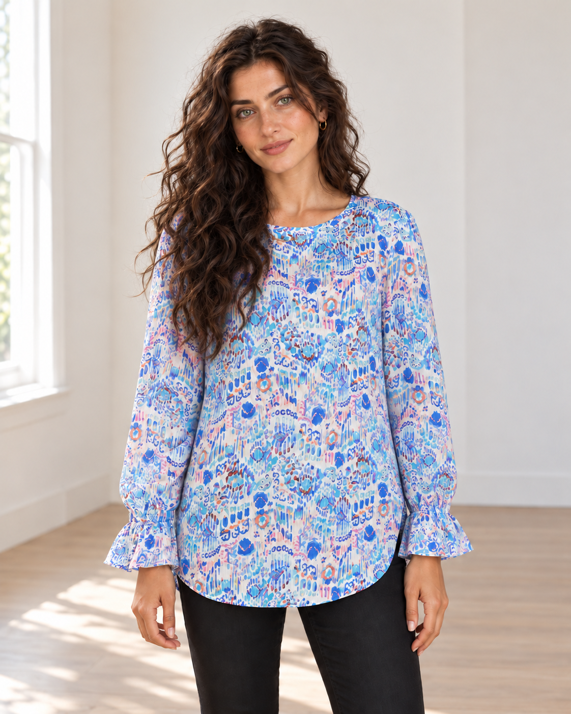 Blushenne Printed Flounce-Sleeve Blouse — Sky Blue, pose 1