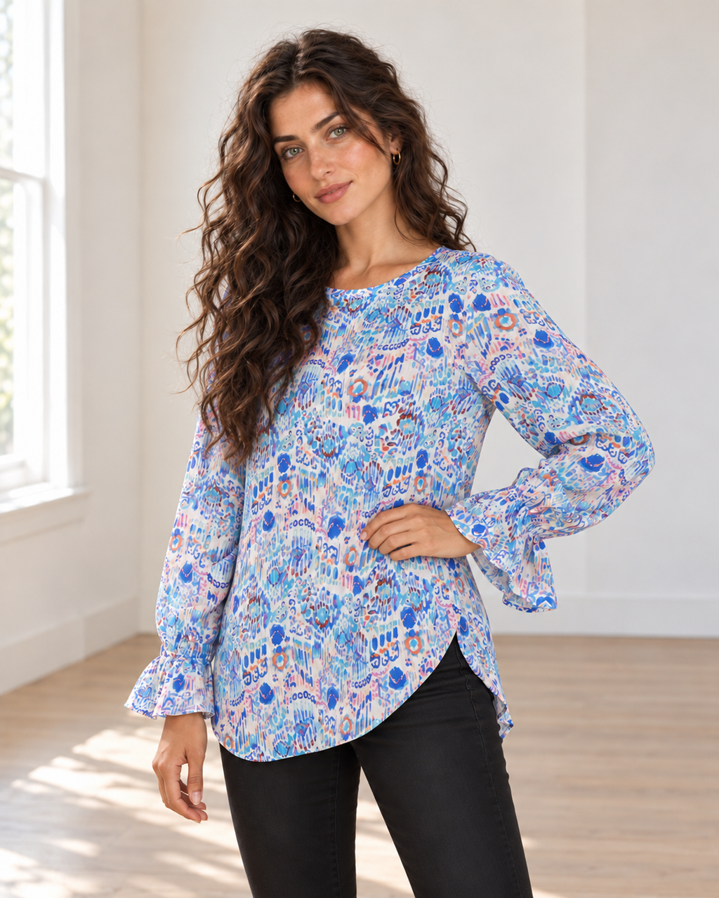 Blushenne Printed Flounce-Sleeve Blouse — Sky Blue, pose 2