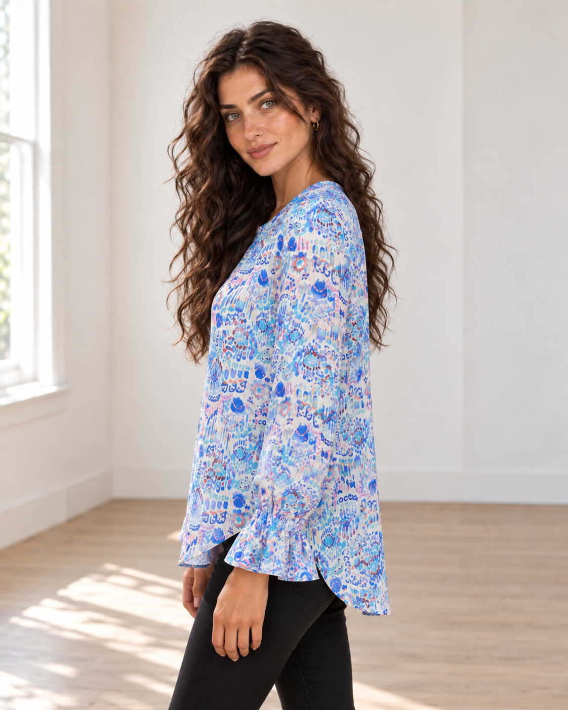 Blushenne Printed Flounce-Sleeve Blouse — Sky Blue, pose 3