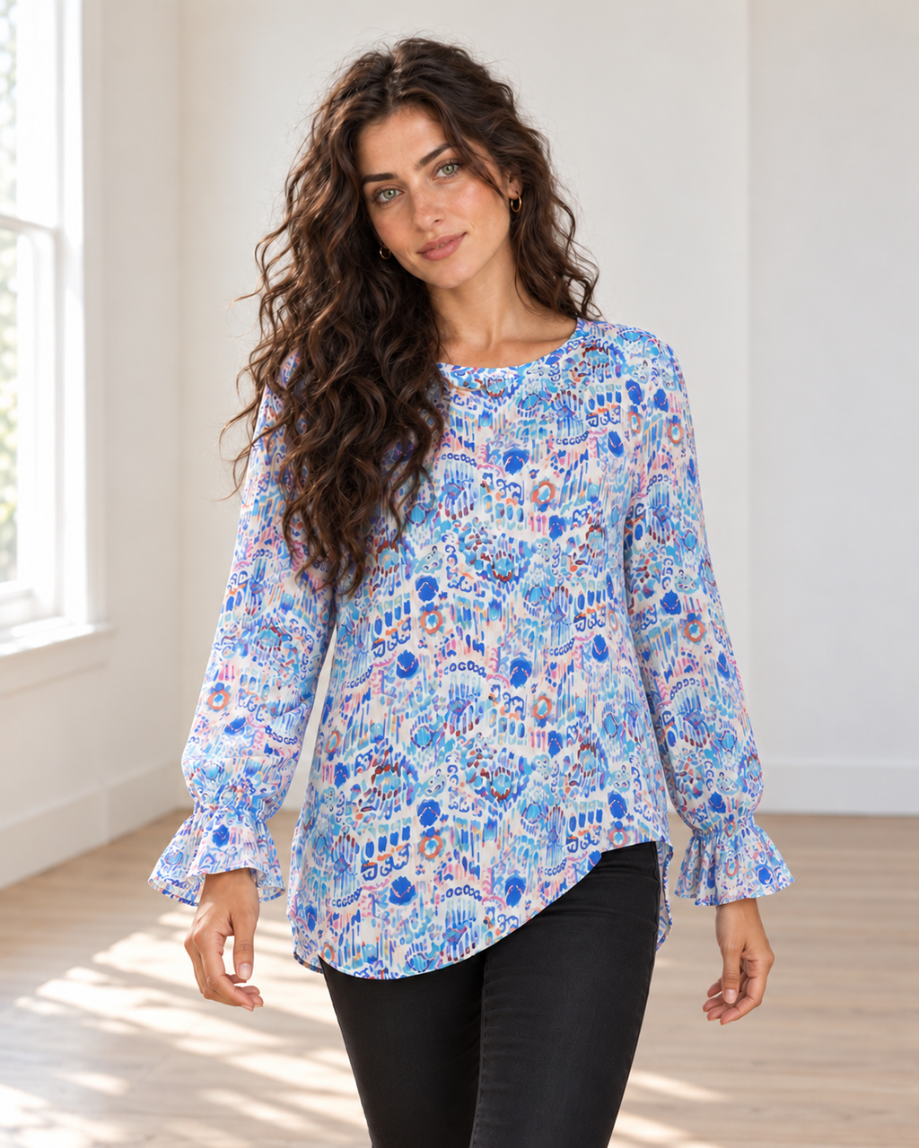 Blushenne Printed Flounce-Sleeve Blouse — Sky Blue, pose 4