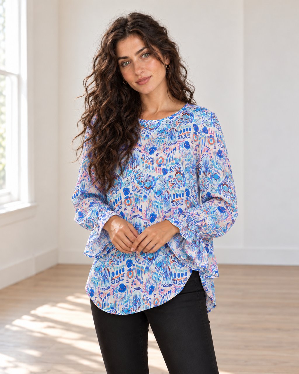 Blushenne Printed Flounce-Sleeve Blouse — Sky Blue, pose 5