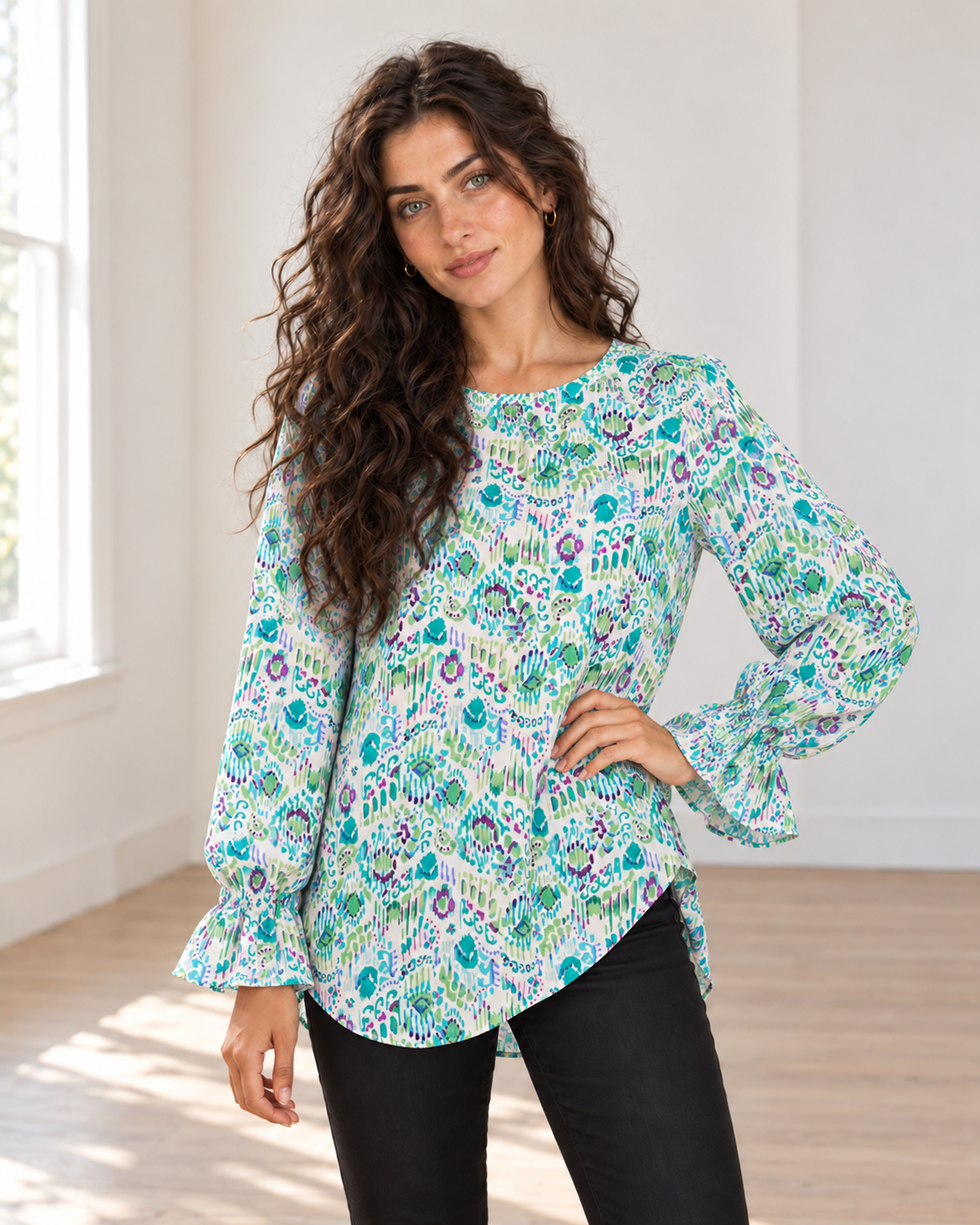 Blushenne Printed Flounce-Sleeve Blouse — Turquoise, pose 2