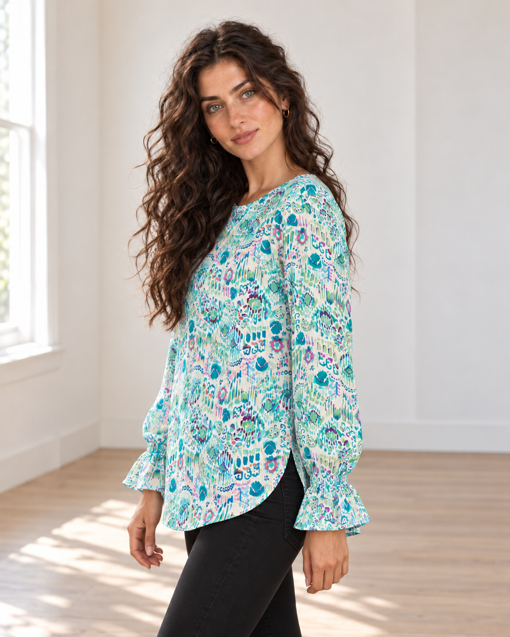 Blushenne Printed Flounce-Sleeve Blouse — Turquoise, pose 3