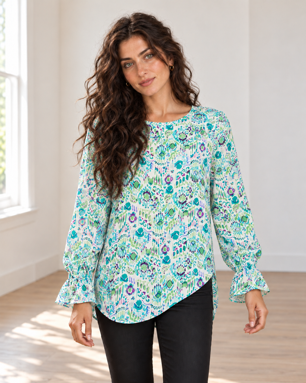 Blushenne Printed Flounce-Sleeve Blouse — Turquoise, pose 4