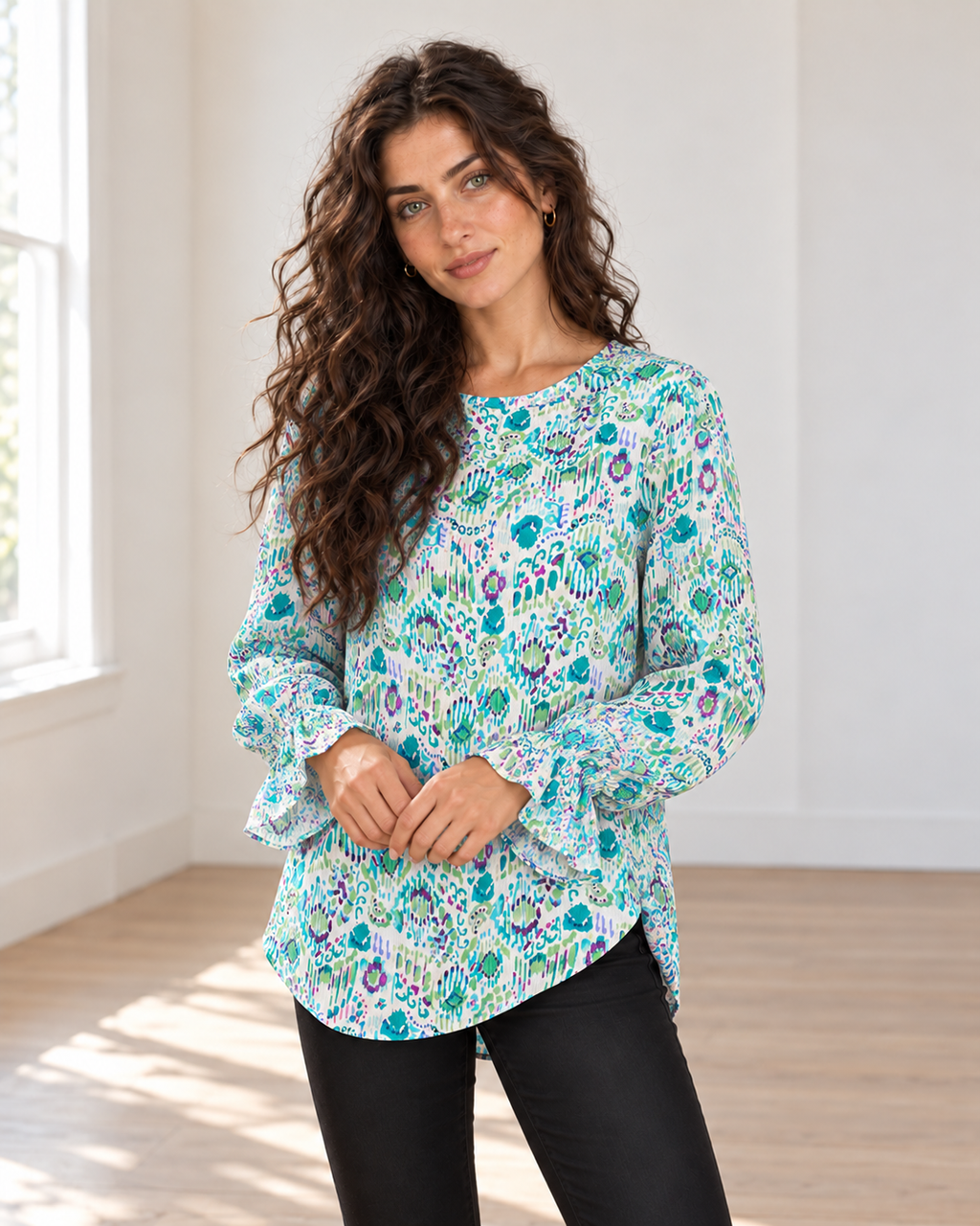 Blushenne Printed Flounce-Sleeve Blouse — Turquoise, pose 5