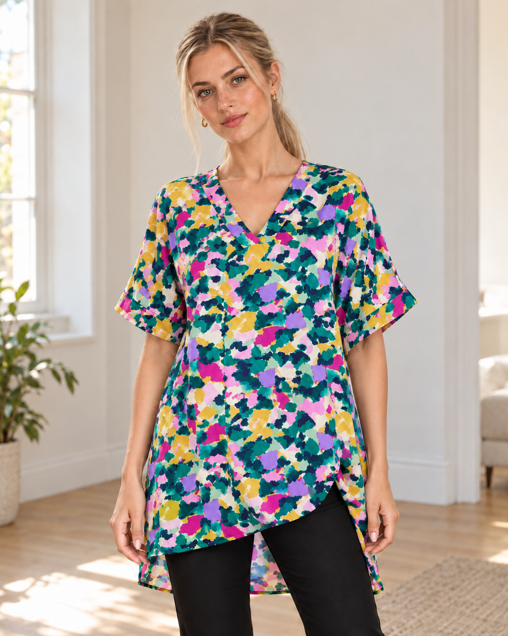 Blushenne Printed V-Neck Side-Slit Top — Green, pose 1