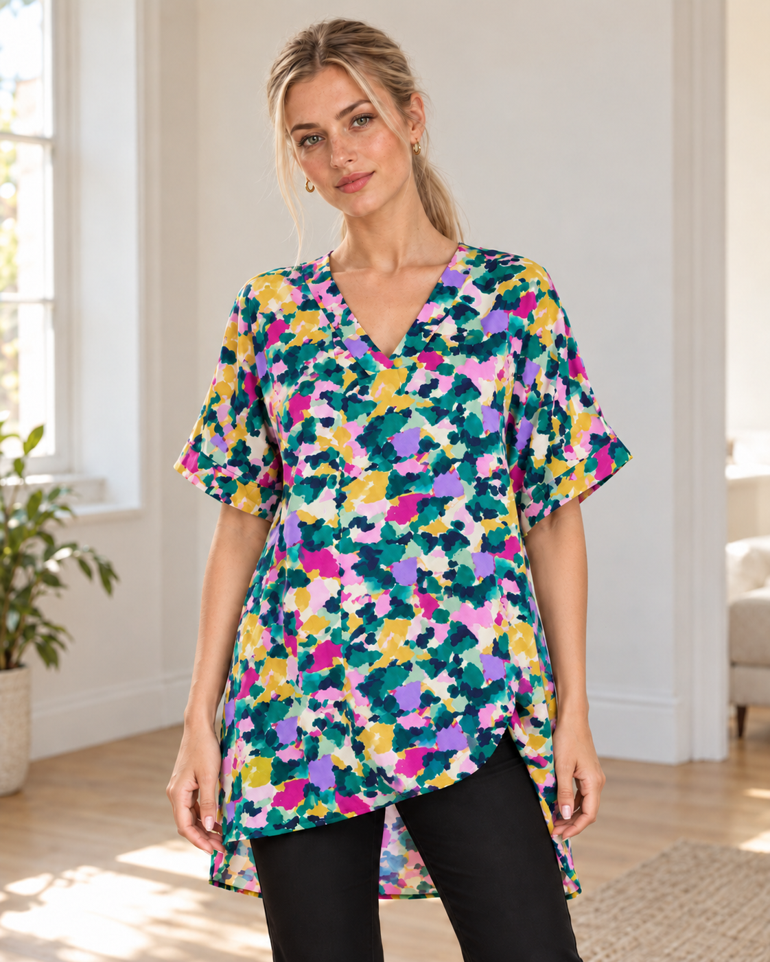 Blushenne Printed V-Neck Side-Slit Top — Green, pose 1