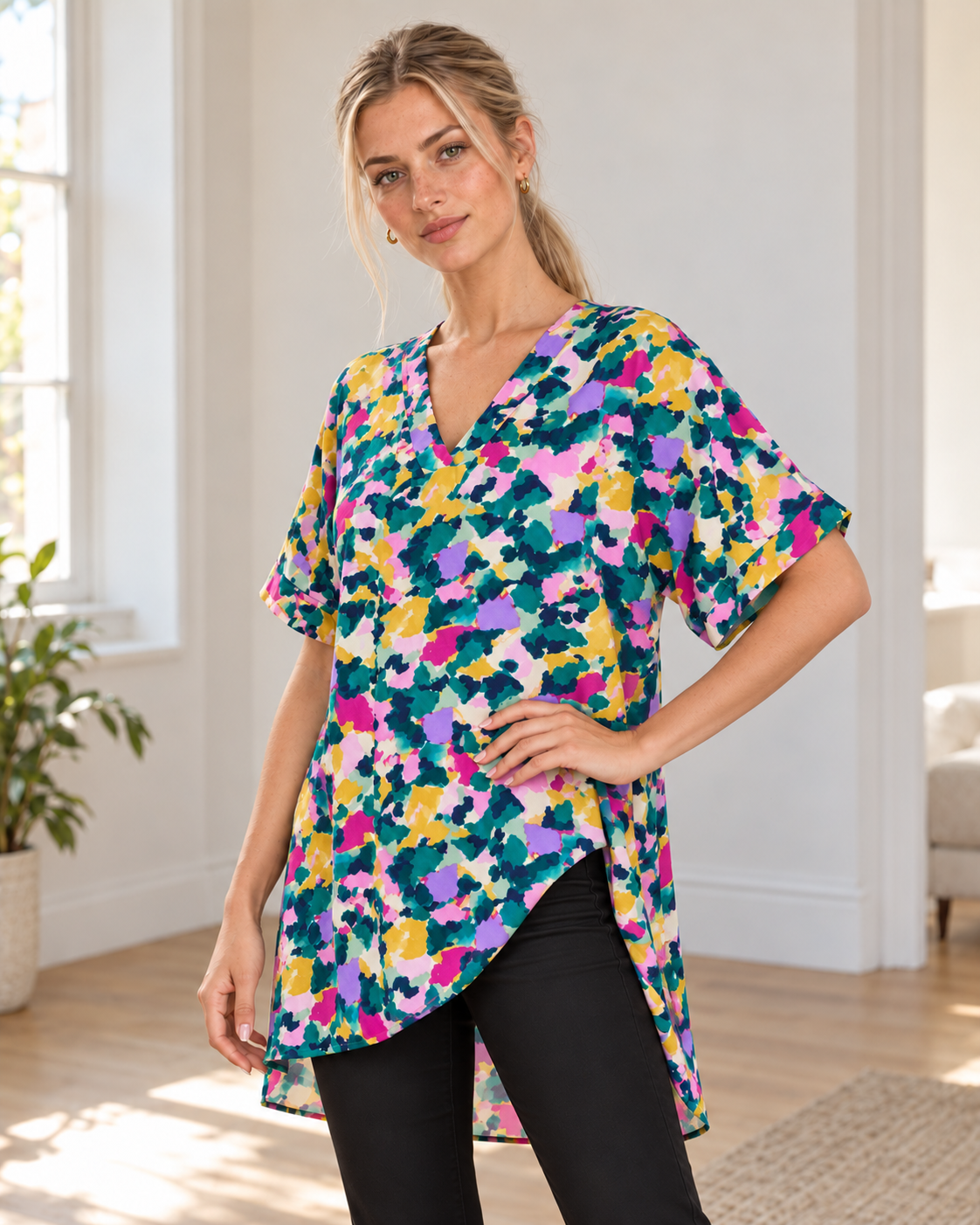 Blushenne Printed V-Neck Side-Slit Top — Green, pose 2