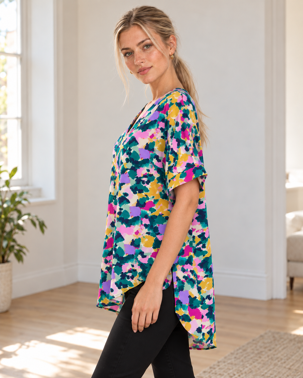 Blushenne Printed V-Neck Side-Slit Top — Green, pose 3
