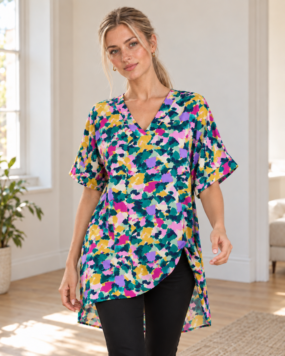 Blushenne Printed V-Neck Side-Slit Top — Green, pose 4
