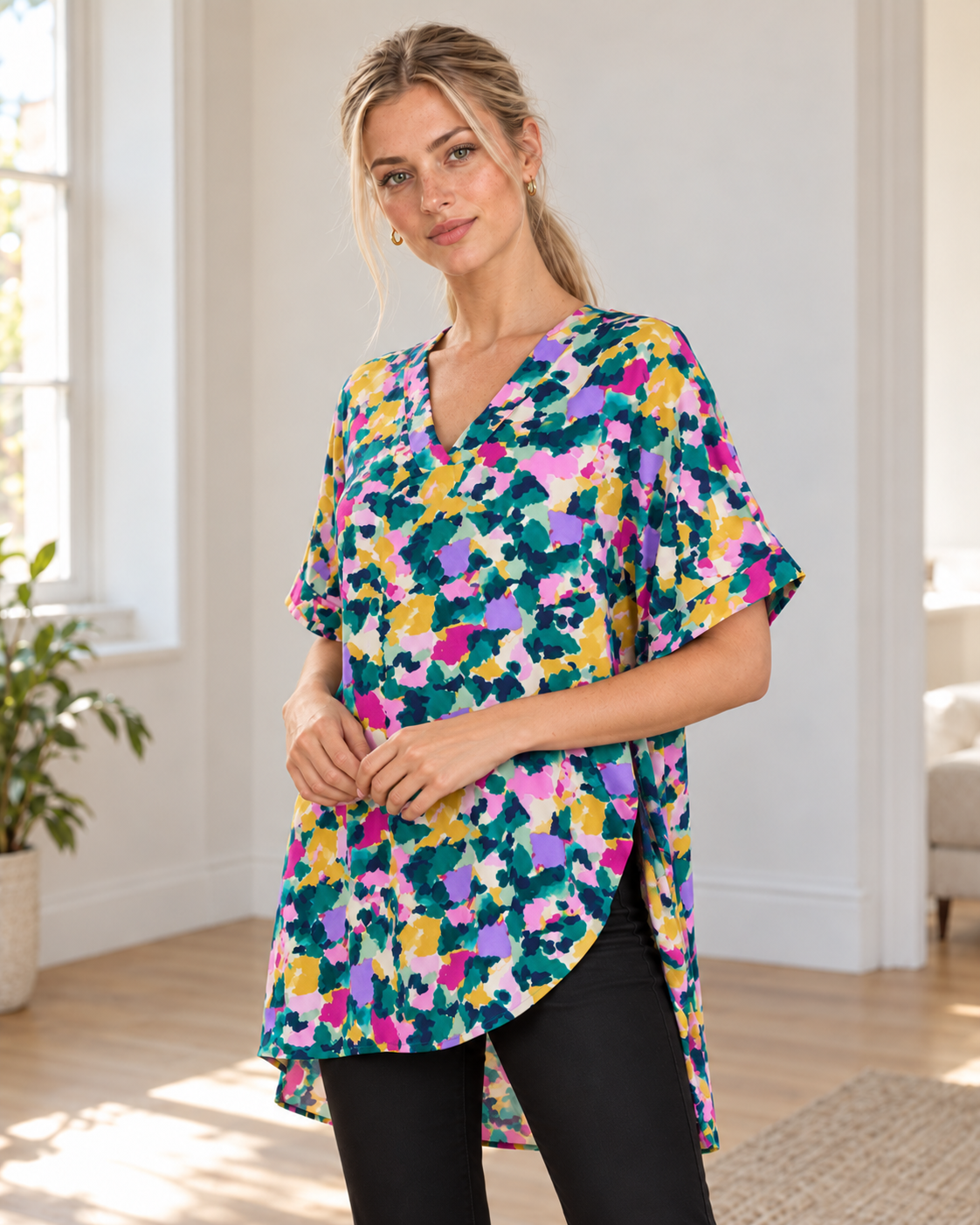 Blushenne Printed V-Neck Side-Slit Top — Green, pose 5