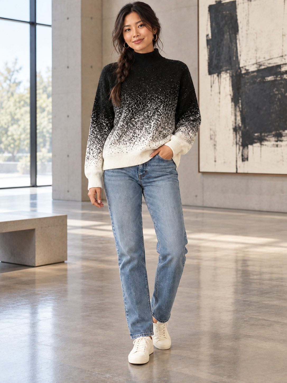 Aurora Ombré Turtleneck Sweater with a unique lifestyle background