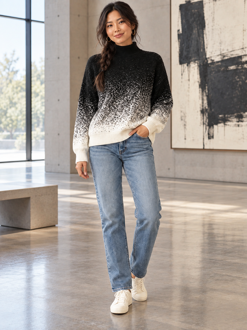 Aurora Ombré Turtleneck Sweater with a unique lifestyle background