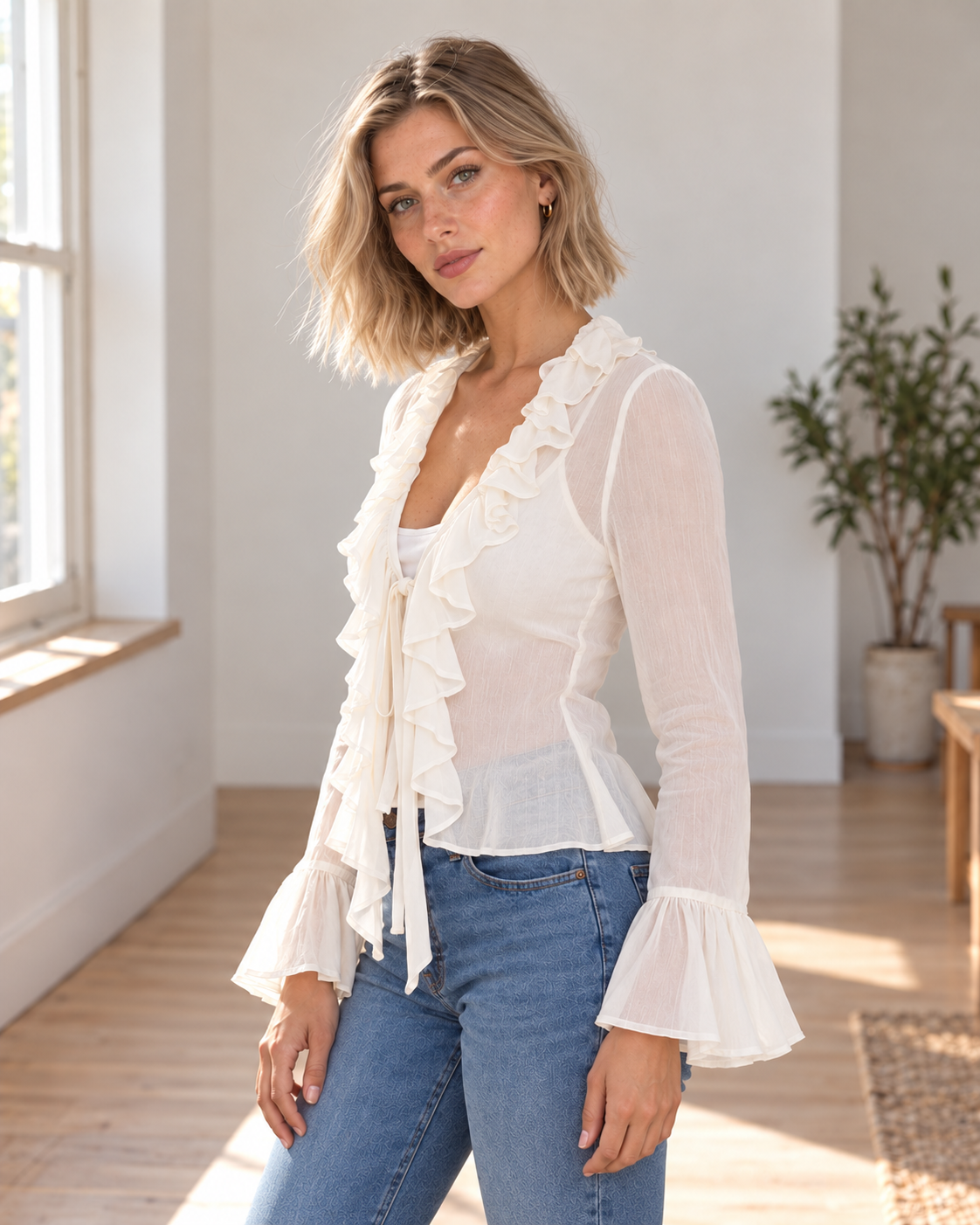 Blushenne Ruffle Flare-Sleeve Blouse — original hero model and room, pose 3