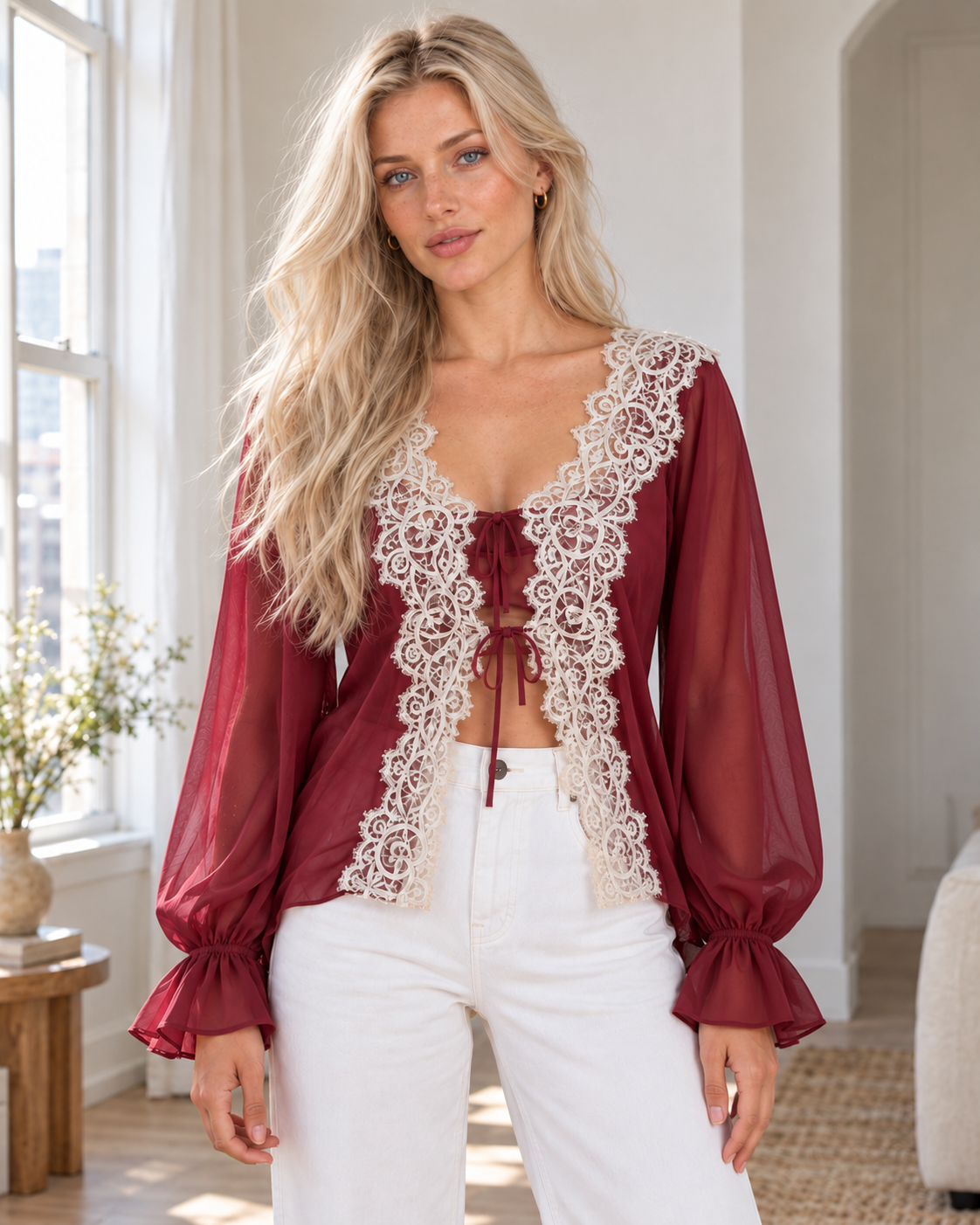 Sheer Lace Tie-Front Blouse in Wine Red, same original hero model and background, pose 1