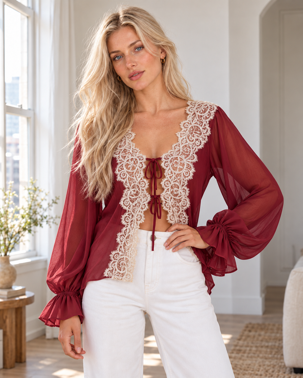 Sheer Lace Tie-Front Blouse in Wine Red, same original hero model and background, pose 2