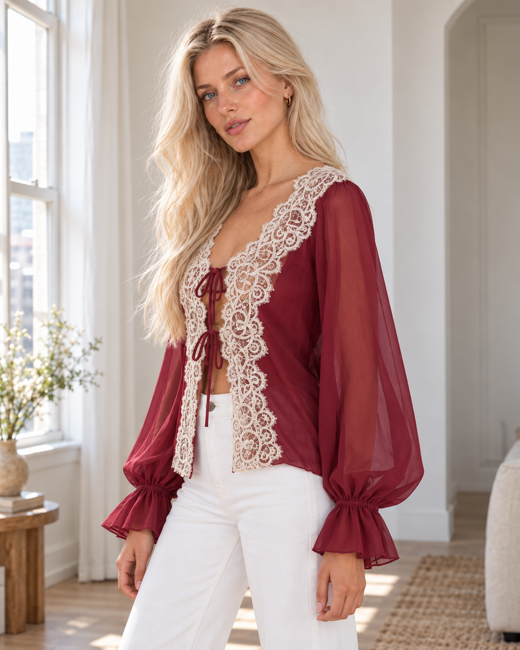 Sheer Lace Tie-Front Blouse in Wine Red, same original hero model and background, pose 3